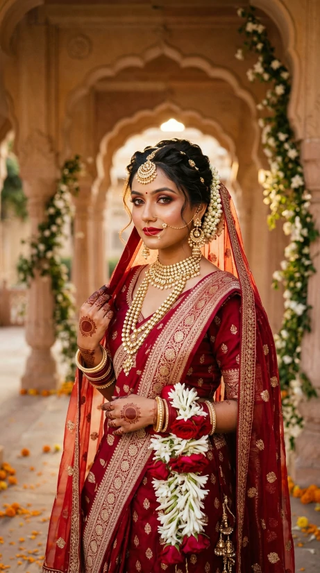Cinematic Indian bridal solo portrait AI photo editing prompt with red Banarasi Lehenga and palace courtyard