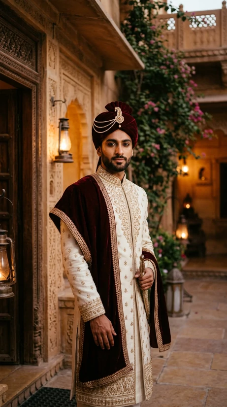 Indian groom solo portrait AI photo editing prompt with ivory Sherwani burgundy Safa and haveli setting