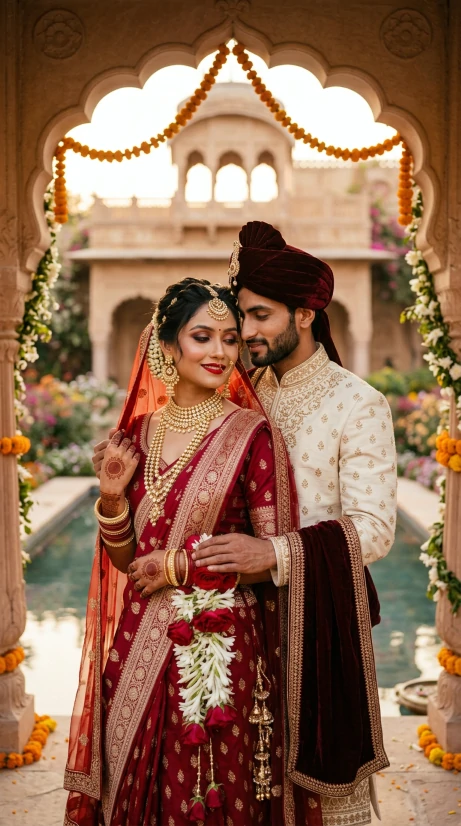 Romantic Indian wedding couple portrait AI photo editing prompt in Mughal palace garden at golden hour