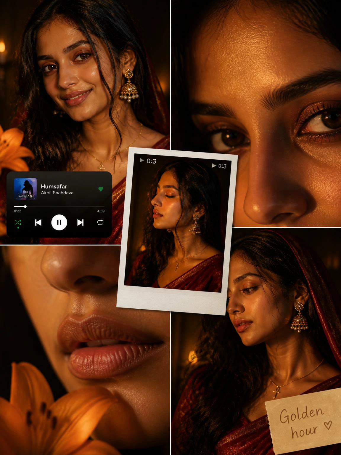 Five panel asymmetric Indian woman saree cinematic AI photo collage prompt example
