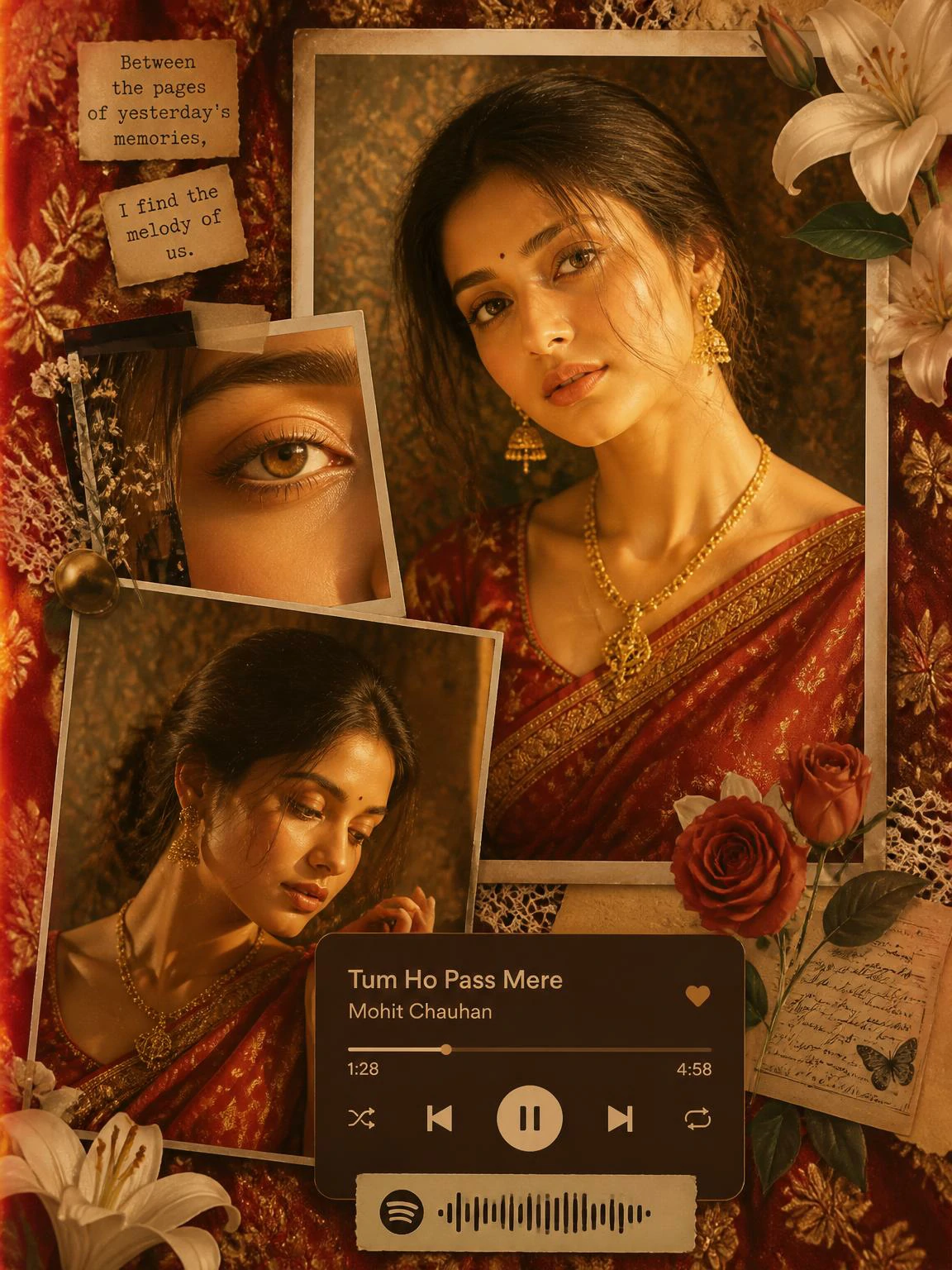 Vintage Indian traditional outfit cinematic AI photo collage prompt with golden hour lighting