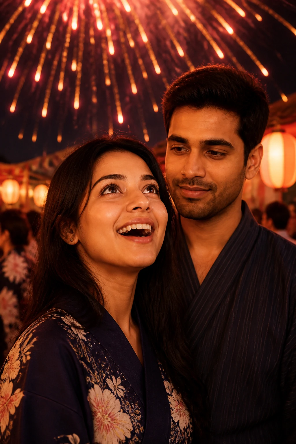 Japanese fireworks festival romantic couple prompt with yukata and warm night light
