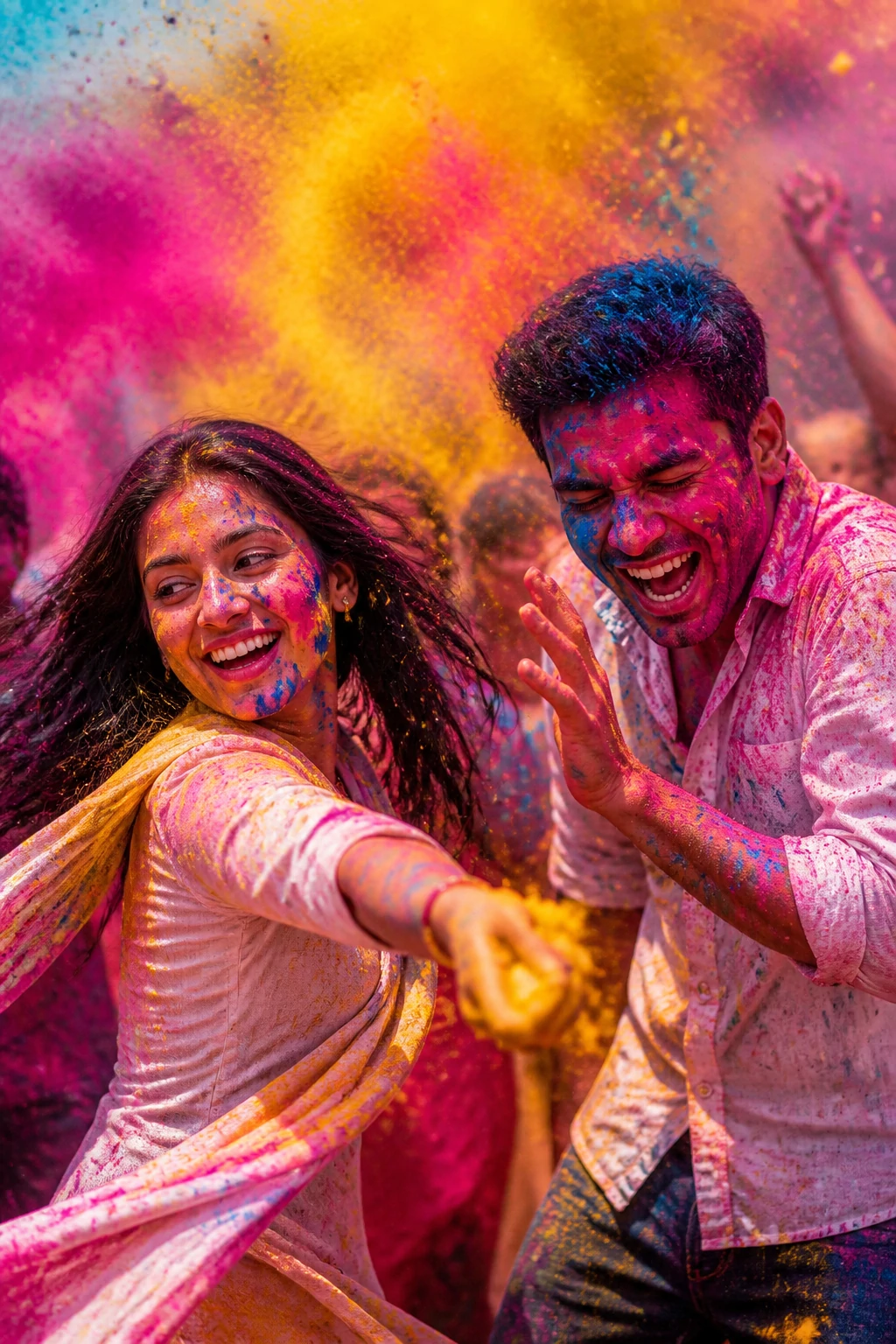 Holi couple AI photo editing prompt with colorful powder and joyful motion