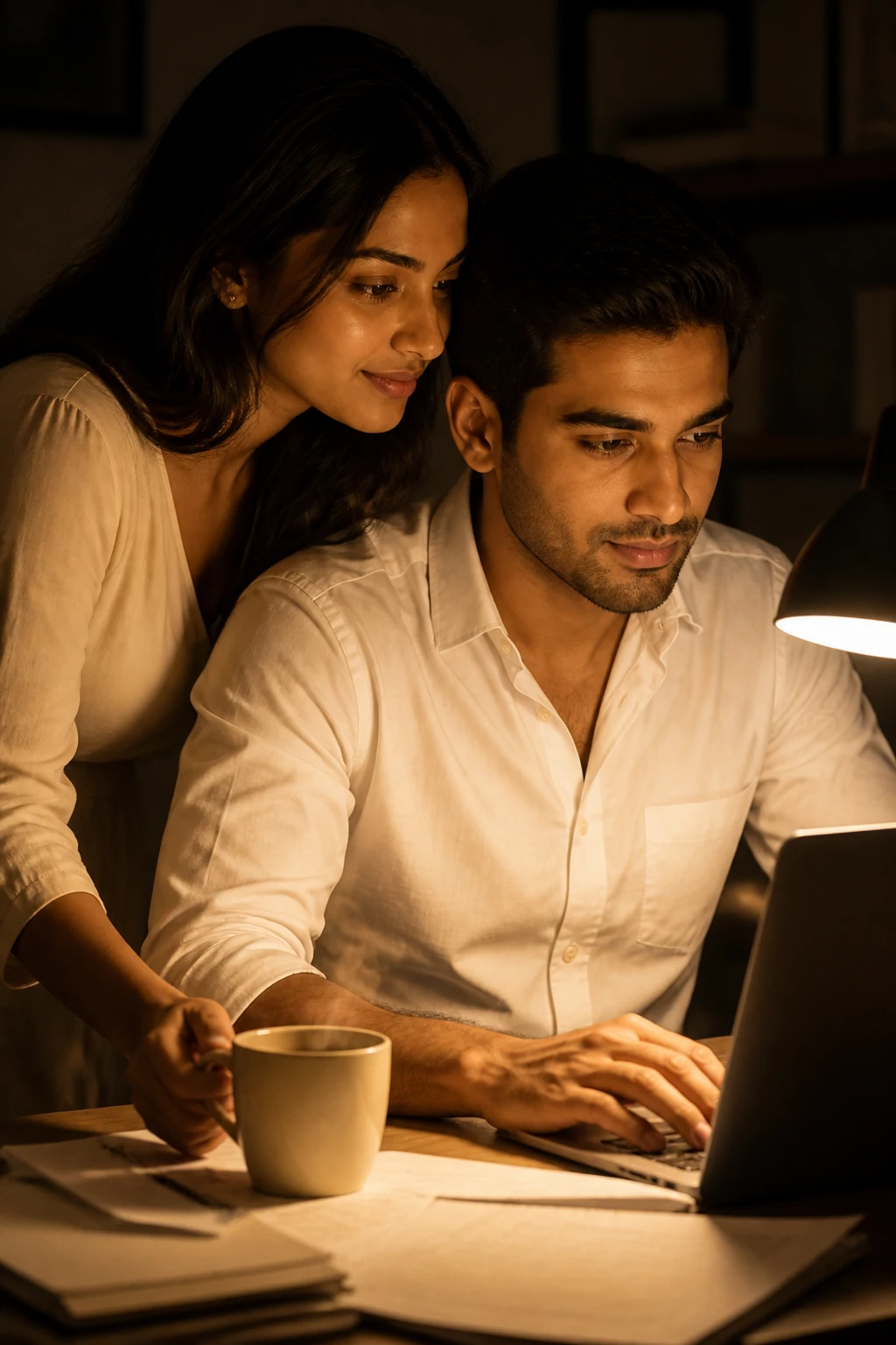 Late-night study couple AI photo prompt with tea desk lamp and quiet support