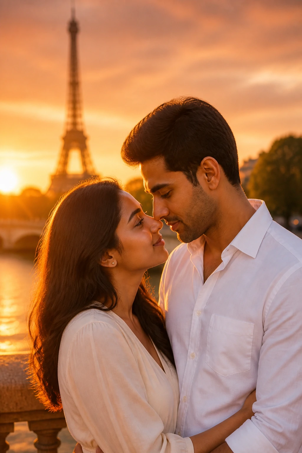 Romantic couple AI prompt for a golden hour portrait by the Seine in Paris