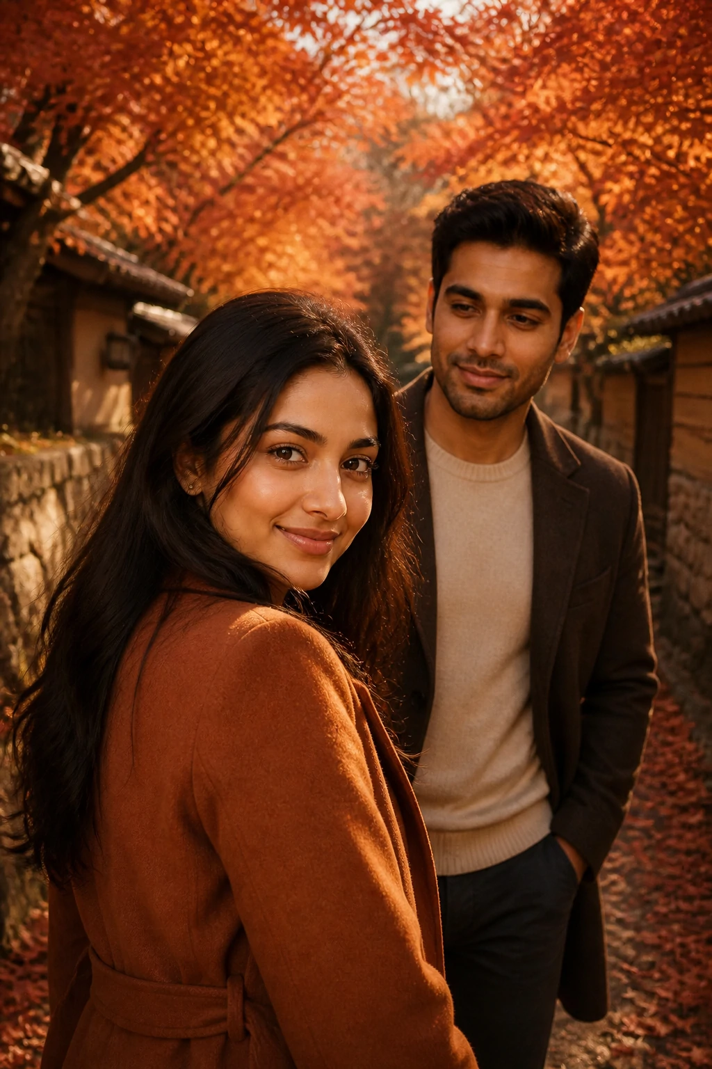 Autumn Kyoto couple photo editing prompt with maple leaves and a natural look-back smile