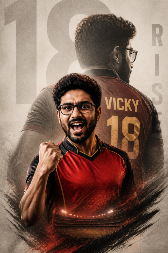 RCB viral prompt double exposure number 18 fan poster with red black cricket jersey