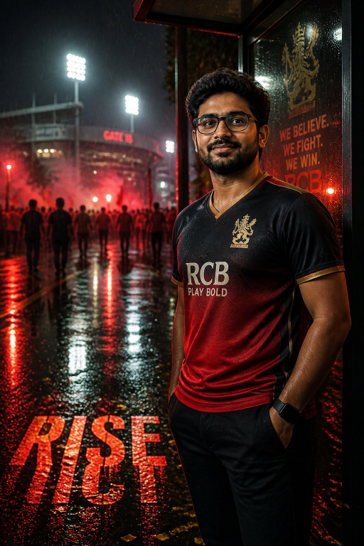 गीली सड़क की परछाइयों और RISE टाइपोग्राफी वाला RCB बारिश वाली रात क्रिकेट फैन पोस्टर प्रॉम्प्ट