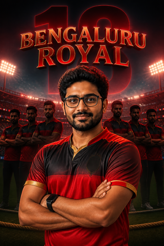 लाल काली जर्सी और Bengaluru Royal शीर्षक वाला RCB हीरो लाइनअप स्टेडियम पोस्टर प्रॉम्प्ट